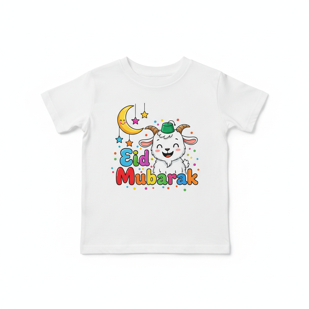 Eid Mubarak Kids T-Shirt with cartoon goat and crescent moon design