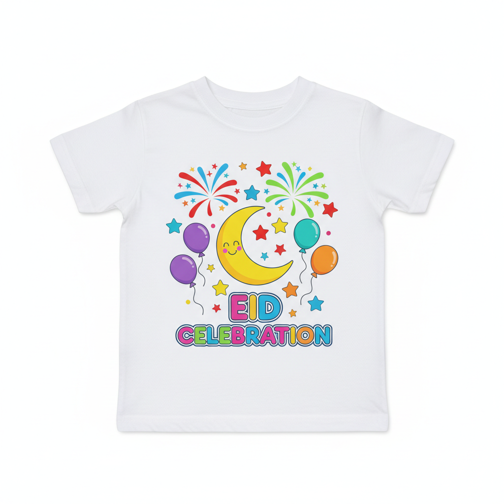 Colorful Eid Celebration Kids T-Shirt with fireworks and crescent moon design