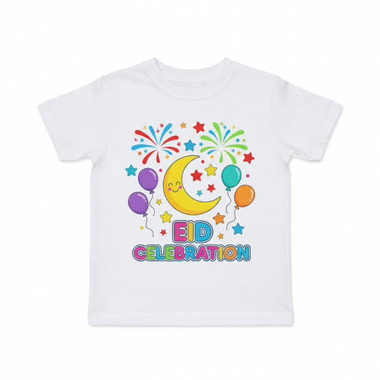 Colorful Eid Celebration Kids T-Shirt with fireworks and crescent moon design